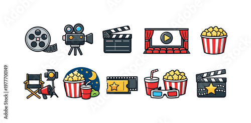Collection of colorful cartoon movie icons for entertainment and cinema themes