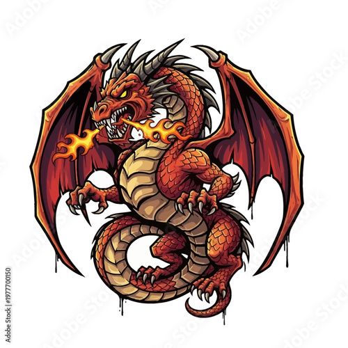 Red dragon breathing fire with sharp teeth and claws