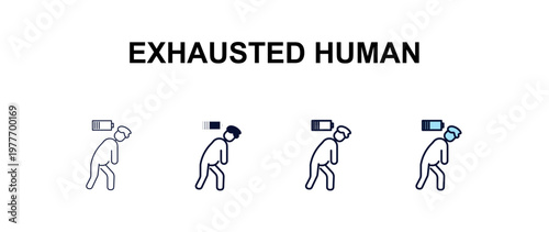 exhausted human multi-style outline icon set - feelings concept. Thin line, regular, filled, colored exhausted human icon
