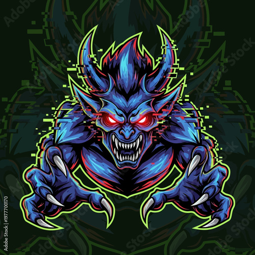 Blue demon creature with red eyes and sharp claws on dark background