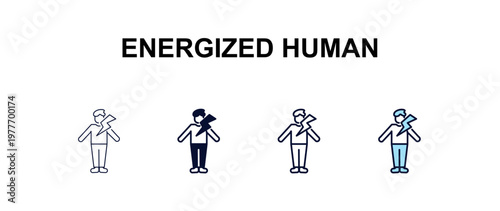 energized human multi-style outline icon set - feelings concept. Thin line, regular, filled, colored energized human icon
