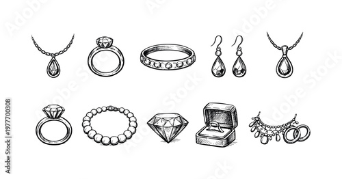 Collection of hand-drawn jewelry icons including rings, necklaces, earrings, and diamonds