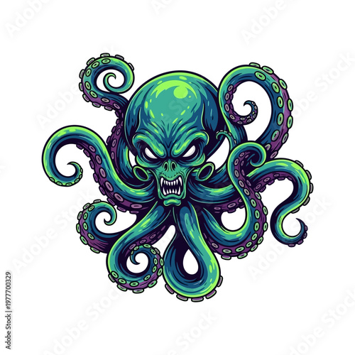 Vibrant octopus monster with tentacles and skull face