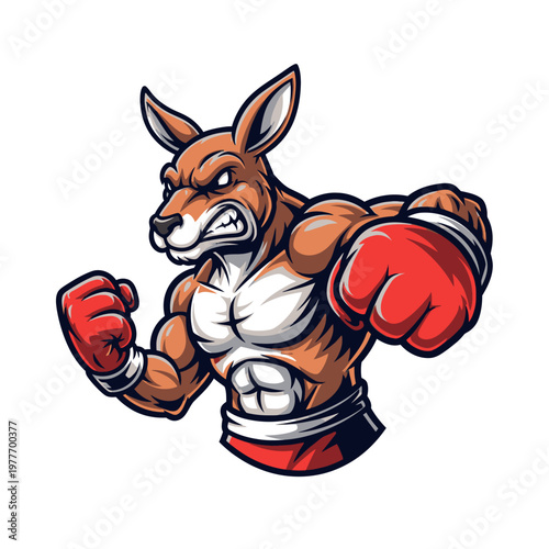Muscular cartoon kangaroo wearing boxing gloves strong flexing