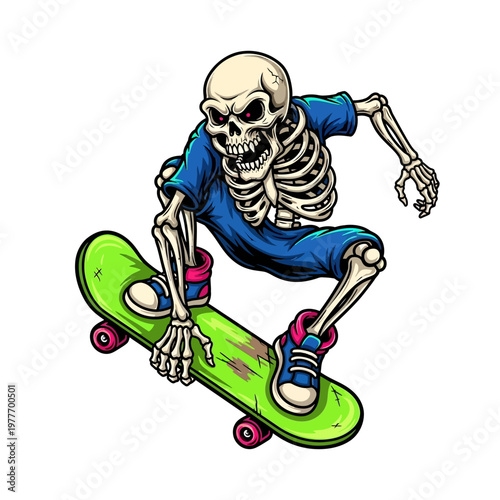 Cartoon skeleton riding skateboard in blue clothes