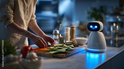 Futuristic kitchen scene with a glowing AI robot beside fresh vegetables, perfect for smart home and cooking concepts