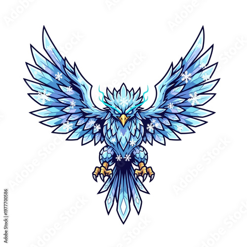 Ice blue crystal eagle bird with snowflakes and frosty wings outstretched