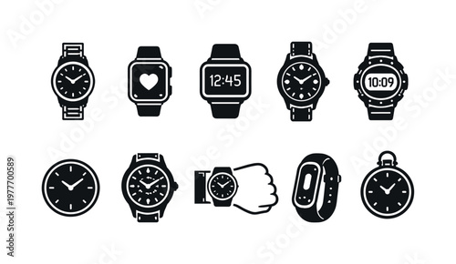 Collection of diverse watch icons including smartwatches and analog timepieces