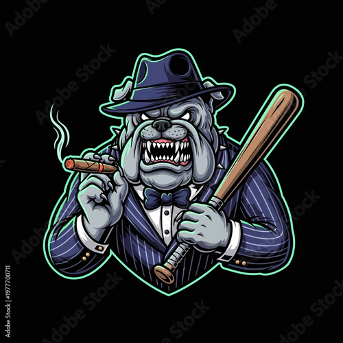 Cartoon bulldog in suit and hat holding baseball bat and cigar