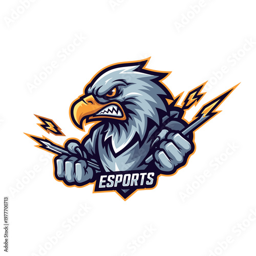 Gray eagle head esports logo with lightning bolts and sharp claws competitive gaming