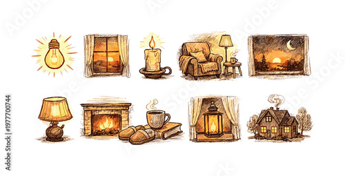 Cozy home interior and exterior scenes with warm lighting and comforting elements