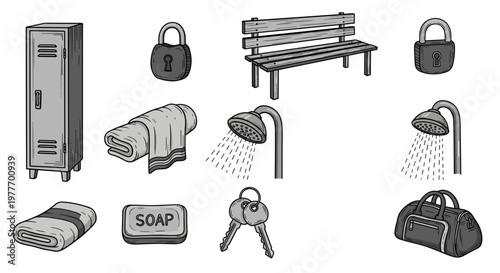 A minimalist vector graphic illustration of various locker room essentials on transparent background