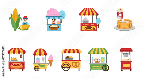 A colorful illustration of various food carts and treats on transparent background