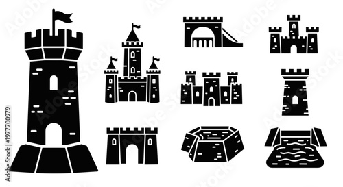 A set of black castle silhouettes on transparent background