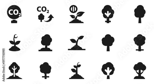 A set of black silhouettes depicting trees and plants absorbing CO2 on transparent background
