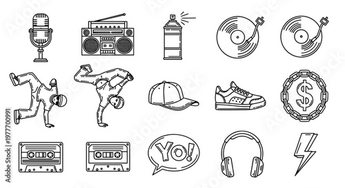 A set of hip hop icons and symbols on transparent background