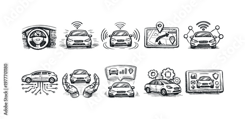 Collection of hand-drawn icons illustrating autonomous driving technology and smart car features