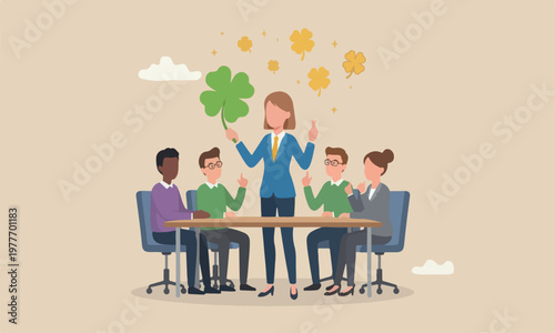 Luck for success together cow work opportunity, fortune or chance, good luck or happiness concept, lucky businesswoman with crossed finger gesture holding lucky clover leaf.