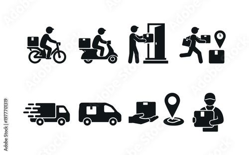 Delivery service icons showing various transportation methods and package handling