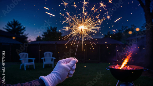 A hand in a white glove holding a bright sparkler during a twilight Memorial Day celebration with a grill and garden chairs in the background
