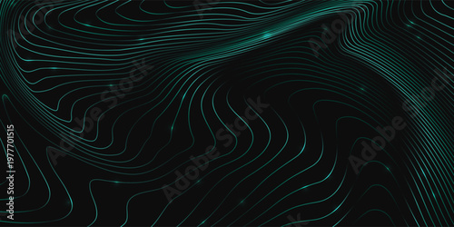 Abstract flowing contour landscape in green tones, symbolizing sustainable technology, environmental data, and smart ecosystems. Digital waves represent monitoring, analysis, and eco innovation