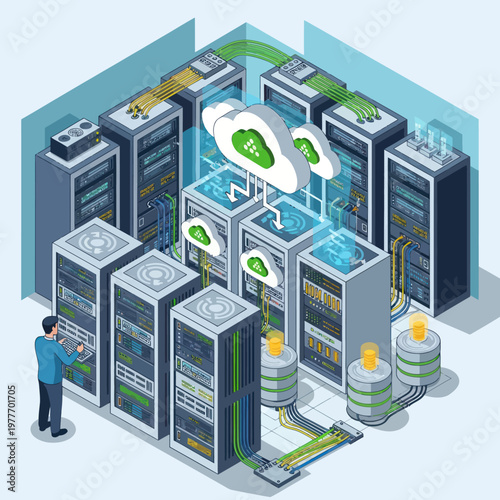 Isometric Data Center with Cloud Computing and Server Management.