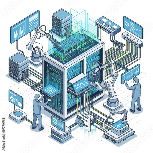 Futuristic Data Center with Robotic Arms and Human Interaction.