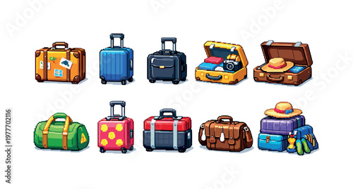 Collection of pixel art luggage and travel bags in various colors and styles