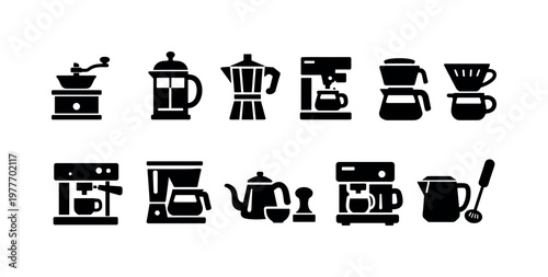Collection of simple black icons representing various coffee brewing methods and tools
