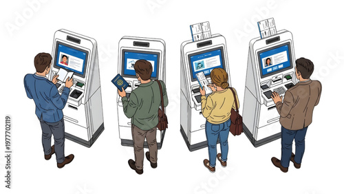 Top-Down View Passengers Scanning Passports and Printing Boarding Passes – CAD Blueprint Technical Line Vector Isolated on White Background