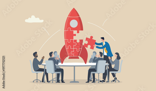 Solve business problem with creativity, finishing or complete brilliant ,solution business concept, smart businessman assemble piece team jigsaw complete red big rocket puzzle.
