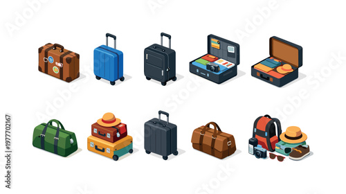Collection of isometric travel luggage and accessories for vacation planning