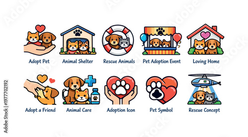 Collection of cute cartoon icons representing pet adoption and animal rescue concepts