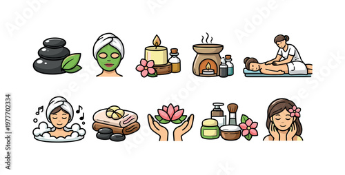 Collection of spa and wellness icons representing relaxation and beauty treatments