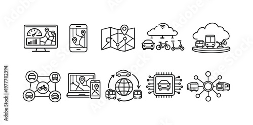 Smart transportation icons illustrating navigation, connectivity, and autonomous driving concepts