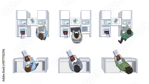 Top-Down Airport Passengers Scanning Passports and Printing Boarding Passes, CAD Blueprint Style, White Background, Travel Security Illustration