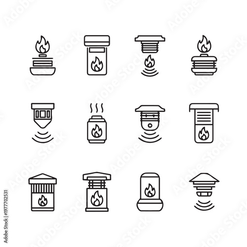Collection of modern flame lamp and mosquito repellent icons with clean lines on a white background