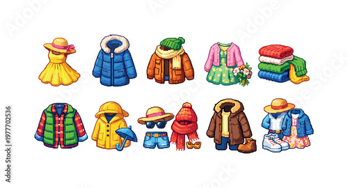Pixel art collection of seasonal clothing items and outfits for different weather conditions