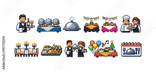 Pixel art collection of catering and event service icons for celebrations