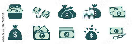 Money icons with dollar cash and finance symbols, collection of currency signs, banknotes, coins, and financial growth indicators representing wealth, savings, and investment
