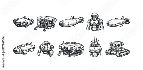 Collection of diverse robotic vehicles and a humanoid robot in sketch style