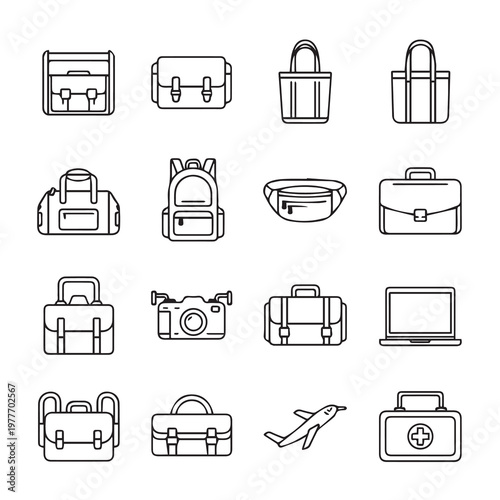 Collection of modern travel and business bags with camera and airplane icons for modern transport
