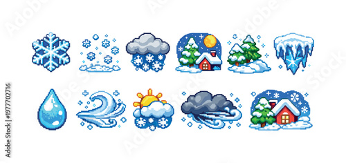 Pixel art weather icons depicting winter scenes and elements