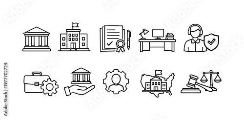 Collection of legal and government icons representing justice, business, and public service
