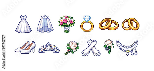 Pixel art wedding icons collection featuring dress, veil, rings, and bouquet