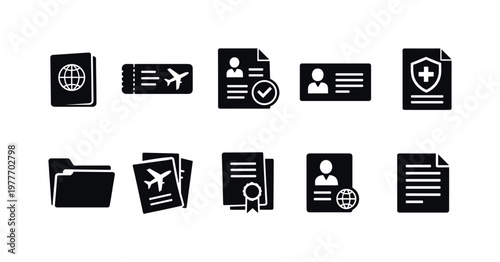 Collection of travel and identification document icons for global journeys