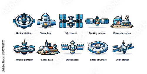 Collection of futuristic space station and orbital platform illustrations