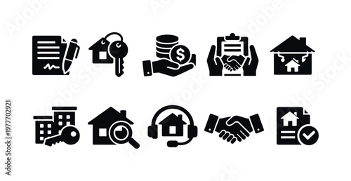 Real estate icons representing buying, selling, and renting a home