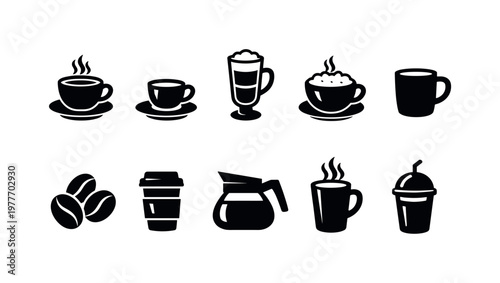 Collection of simple black and white coffee icons for design and illustration