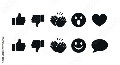 Collection of social media icons including thumbs up, thumbs down, clapping hands, and emojis